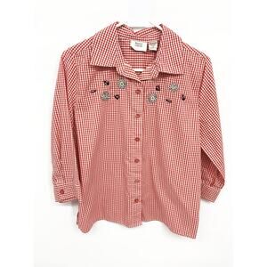 Baxter & Wells Red White Plaid Check Shirt Embroidered Lady Bugs Butterflies S